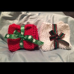 4 hand knitted dish clothes red white 100% cotton